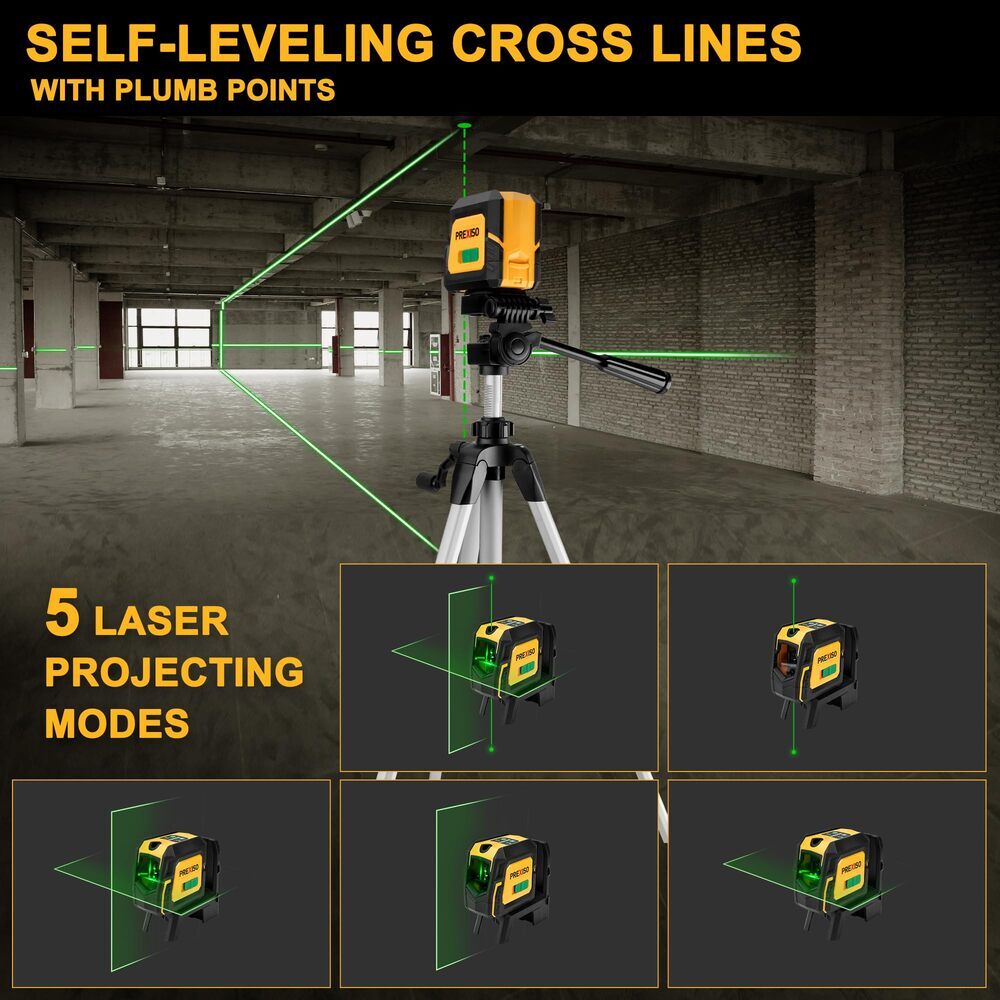 PREXISO 100Ft Green Laser Level Kit with Tripod and 2 Plumb Dots for Universal Use