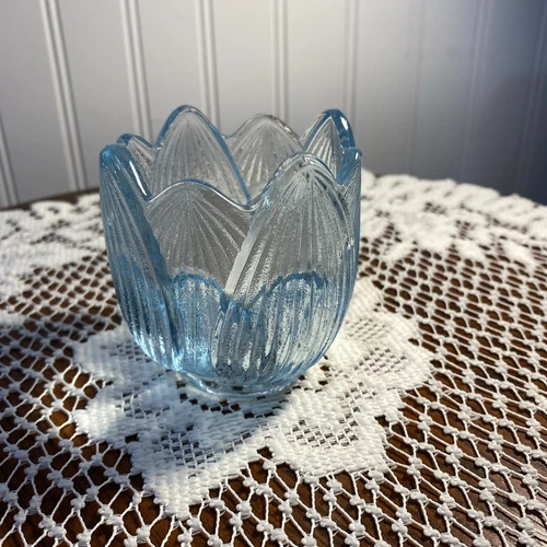 Vintage Fenton Glass Flower Petal Lotus Votive Candle Holder Ice Blue