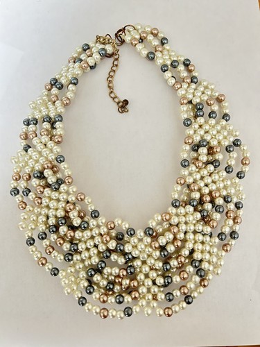 Vintage Brown Grey And Cream Glass Faux Pearl Wide Statement Necklace 3-D - Picture 4 of 4
