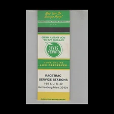 Matchbook Cover Quaker State Motor Oil Quaker State Hattiesburg MS