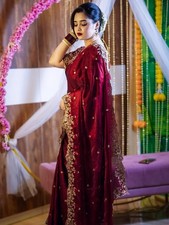 Soft Fandy Satin Saree with heavy embroidery sequence, multi - Handmade in India