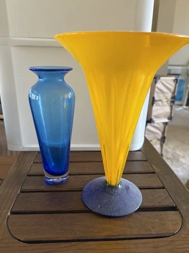 BLENKO GLASS SIGNED TRUMPET VASE Yellow And Cobalt Blue,  Richard Blenko 2001