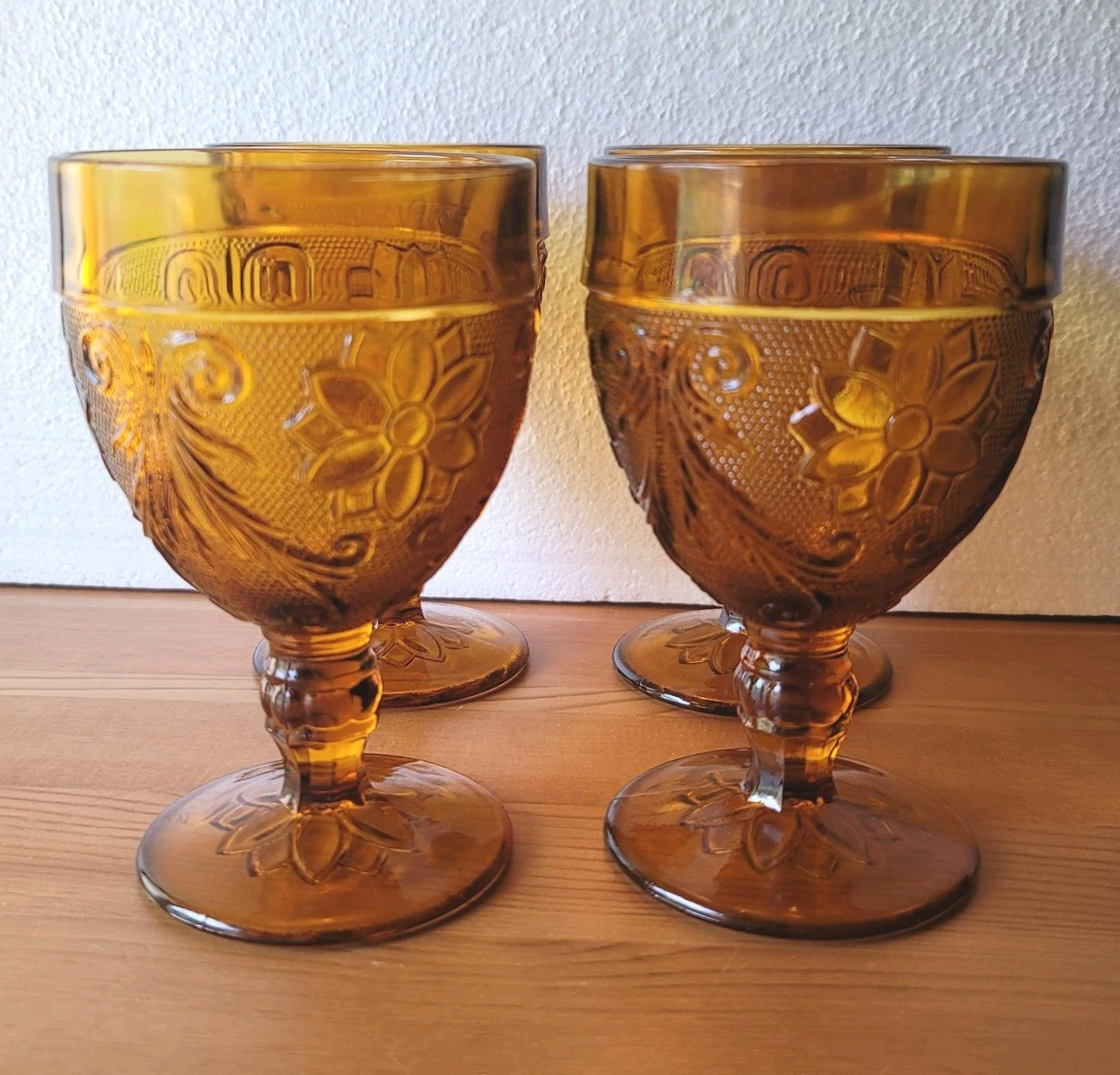 Vintage Tiara Sandwich Amber Goblets Set of 4 Pressed Glass Water Wine Glasses