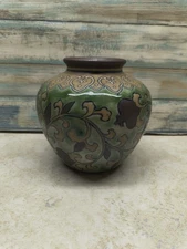 Vintage Pottery Terra Cotta  Ginger Jar Chinoiserie Vase Green Floral Earthtones