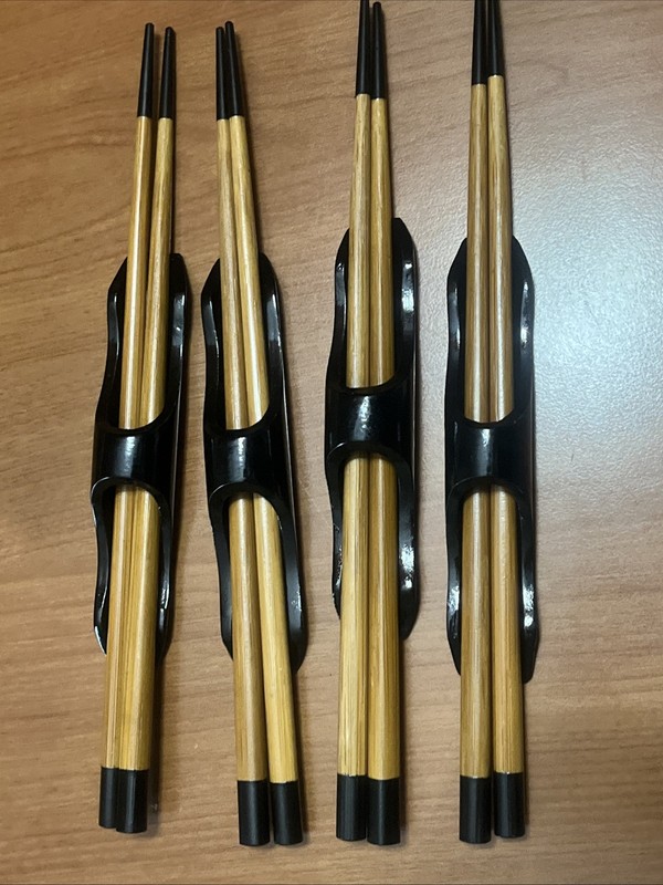 Set of 4 Black Bamboo Chopstick Rests with Reusable Wood Chopsticks