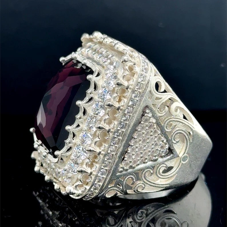 Anillo grande de plata 925 de amatista y moissanita para hombre, anillo turco hecho a mano Foto 3 de 4