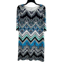 Chaps Women Blue Paisley Chevron Sheath Dress Short Sleeve Size M