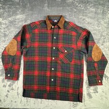 VTG Woolrich Men's Red Green Plaid Wool Flannel Shirt with Suede Elbow Collar L