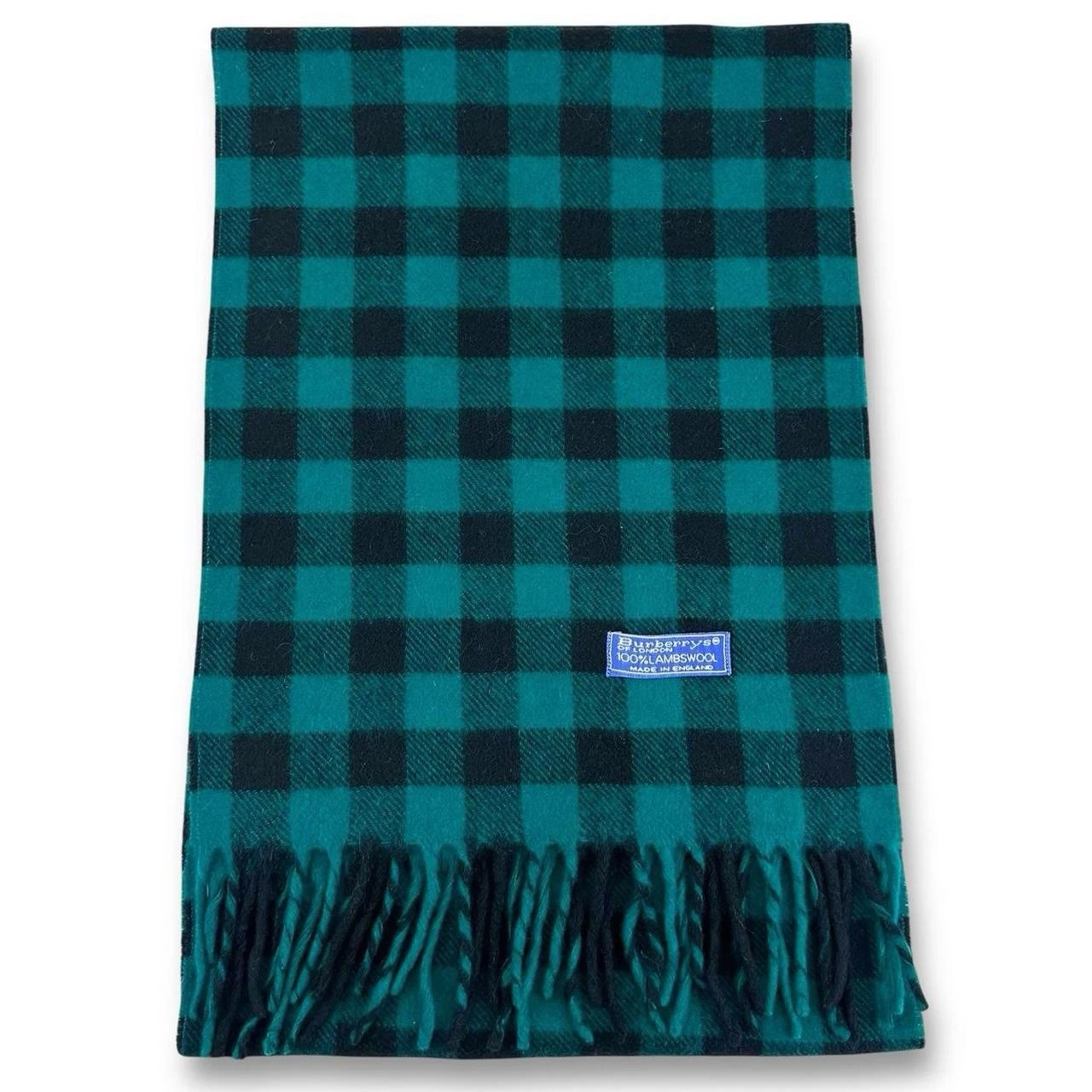 Vintage Burberry 100% Wool Lambswool Checked Scarf, Green & Black (A108)