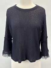 See By Chloe Ribbed Shirt Top Sz Medium Women’s Navy Lace Trim Semi Sheer