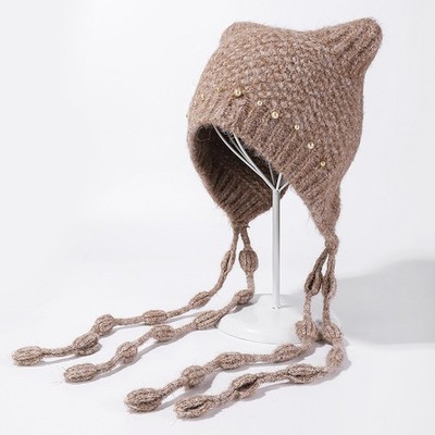 Women Knit Beanie with Cat Ears Pearl Tassel Winter Warm Earflap Hat Cute Style