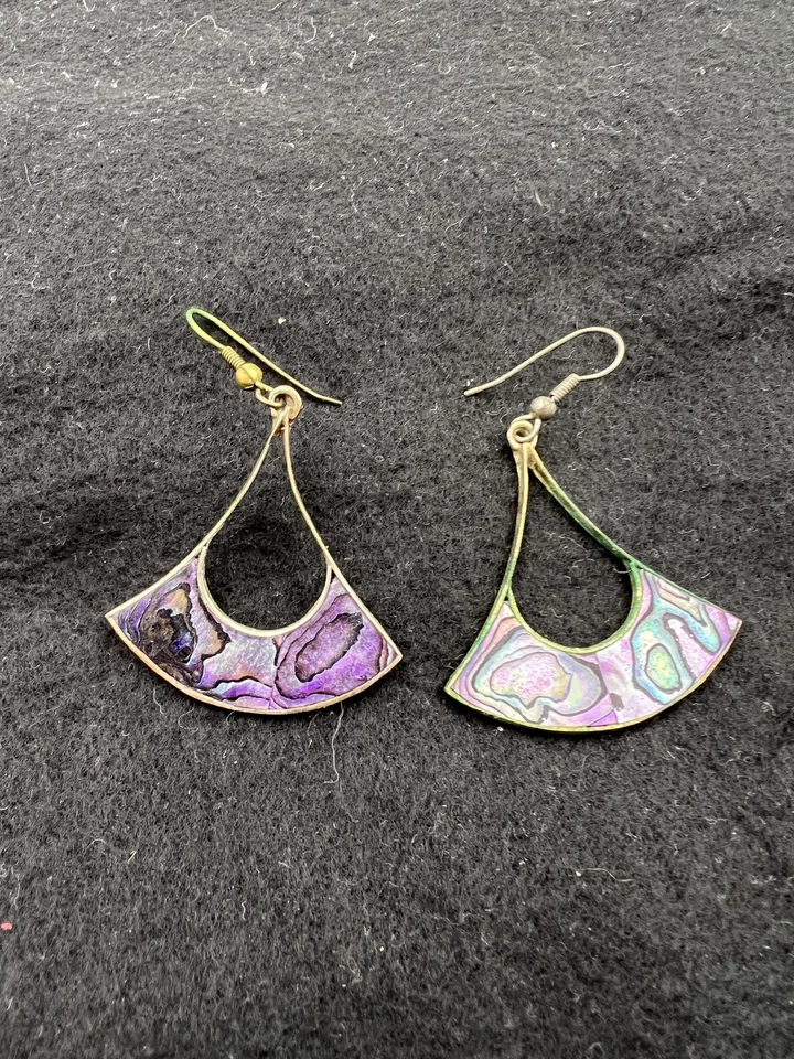 Vintage Abalone Inlay Dangle Earrings Sterling Silver 925 Signed Mexican Fan - Image 2 of 4