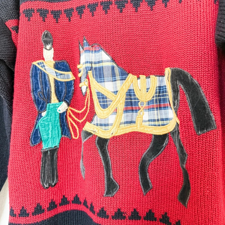 VTG Sweater Size M Black Red Equestrian Horseman Knit Novelty Holiday Old Money - Image 4 of 4