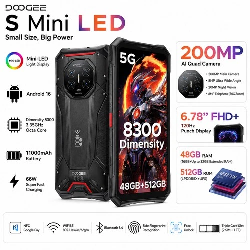 2026 DOOGEE S300Pro 5G Robust Smartphone 48G+512GB Android 16 11000mAh WiFi6 NFC