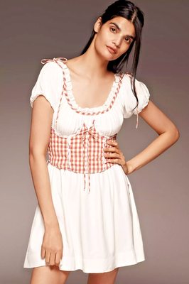 ANTHROPOLOGIE For Love & Lemons GEORGIA CORSET Mini Dress IVORY RED GINGHAM  XL | eBay