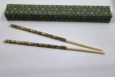 Vintage Cloisonné Gold Plated Chinese Chopsticks Bone Floral Enamel w/ Box 8"