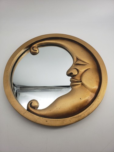 Gold Tone 9.5" Round Cresent Moon Mirror - Man in the Moon (A)