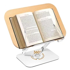 Adjustable Book Stand for Reading Hands-Free, Rotating Base & Page Clips