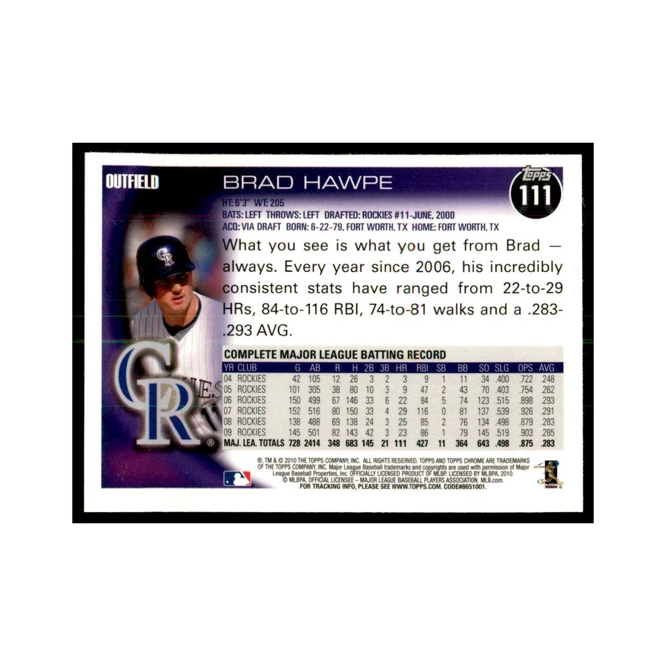 Brad Hawpe 2010 Topps Chrome #111 Baseball Cards Baseball Card NM - Image 2 of 3