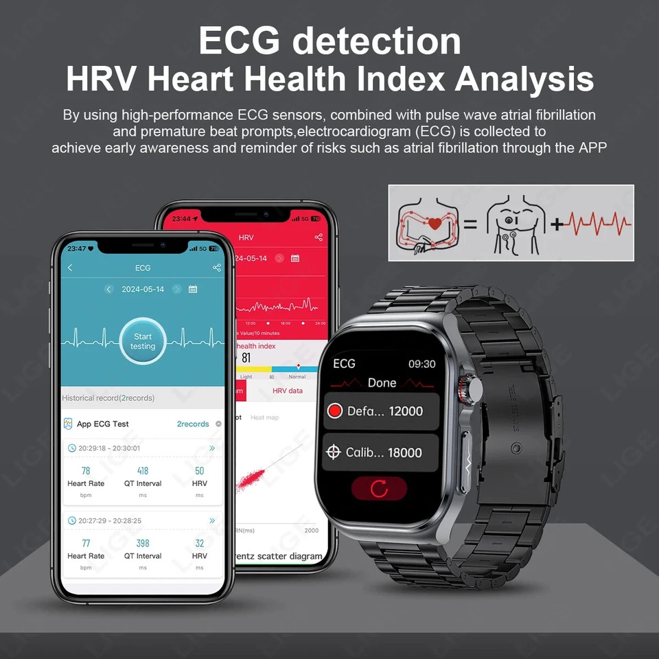 LIGE Uric Acid Blood Fat Health Smartwatch Men ECG Heart Rate Blood Pressure NFC - Image 4 of 4