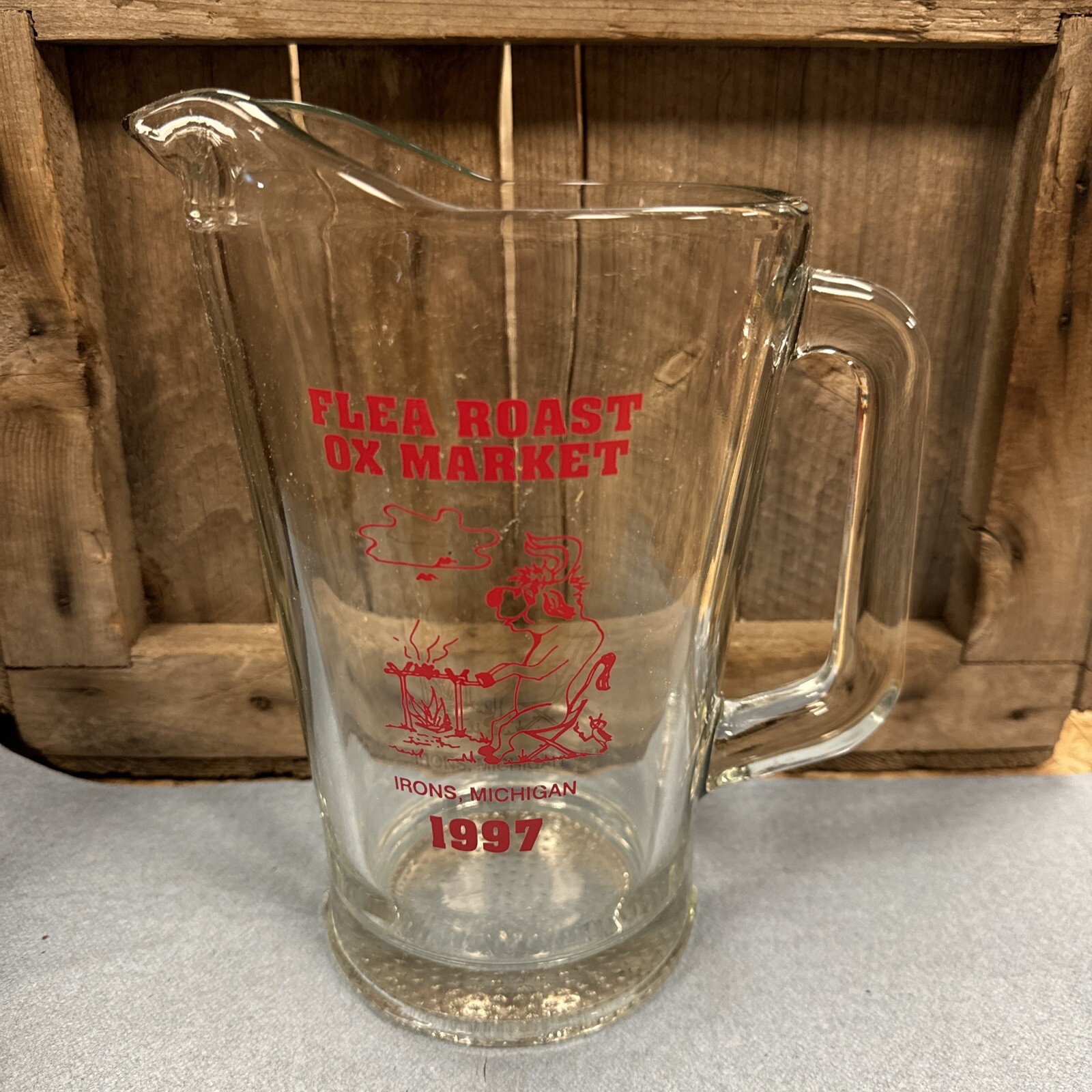 9" Flea Roast Ox Market Irons Michigan 1997 Glass Beer Pitcher eBay