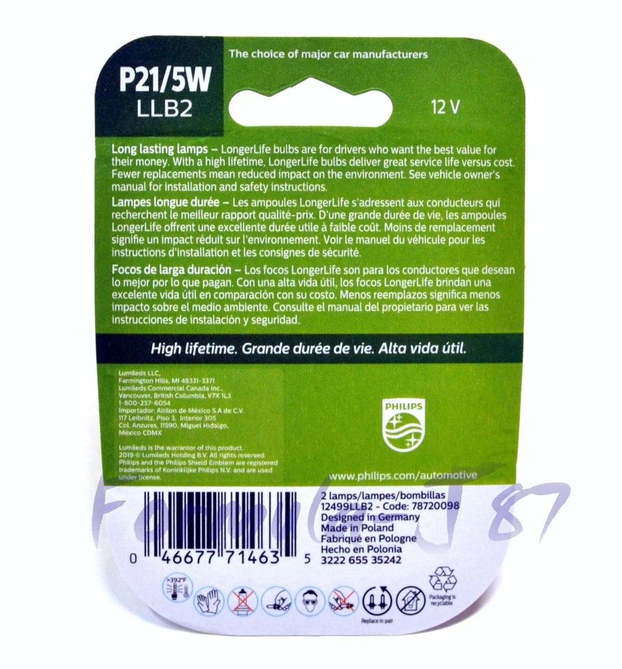 Philips LongerLife P21/5W 21/5W Dos Bombillas Parada Luz de Freno Repuesto Stock Fit Foto 2 de 4