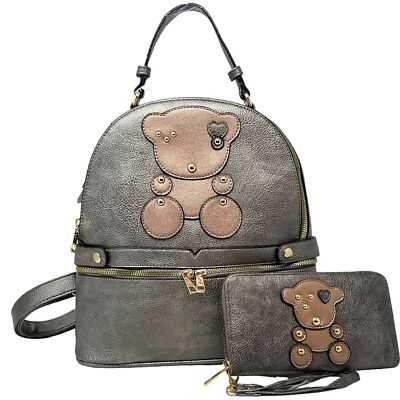 Metallic Pewter Bear Backpack and wallet set