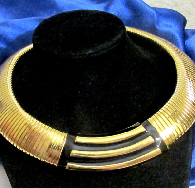 VTG 80s RUNWAY Art Deco/Modernist MONET WIDE FLEX CHAIN BLACK ENAMEL NECKLACE GP