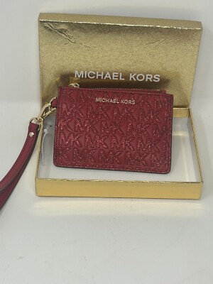 Michael Kors Jet Set Red Sparkle Glitter Wristlet Double Zip Wallet