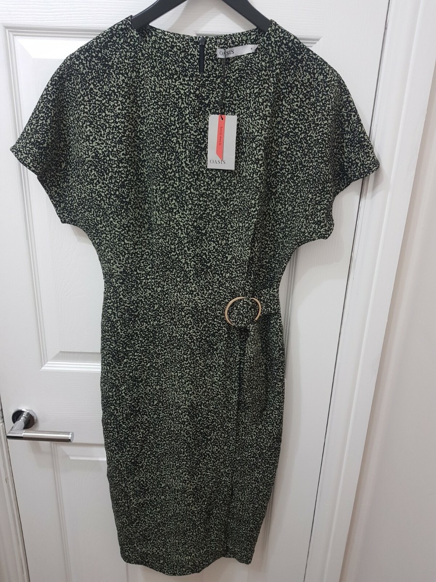 Oasis Green Print Short Sleeve Buckle Detail Wrap Skirt Midi Dress UK 8 |  eBay UK