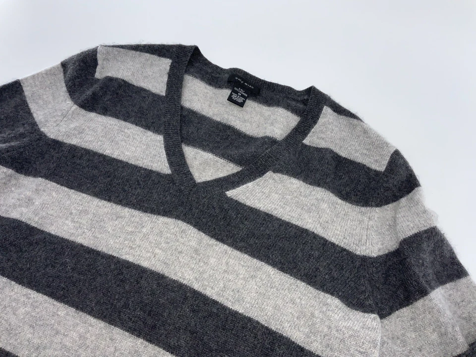 Suéter Only Mine cuello en V para mujer M gris a rayas 2 capas 100 % cachemir YGI B4-6 Foto 3 de 4