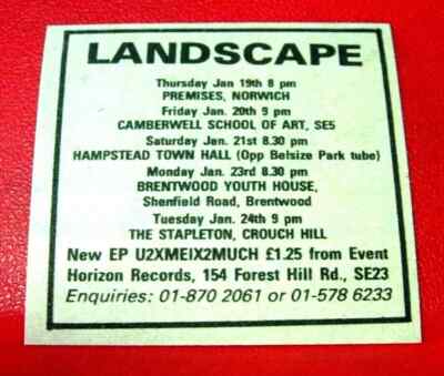 Landscape UK Tour/U2XME1X2MUCH Vintage ORIG 1978 Press/Magazine ADVERT 2''x 1.5''