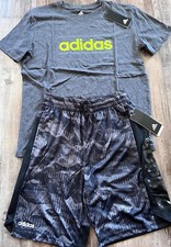 NWT Adidas Boys YMD Dark Gray/Black/Light Green Shorts Set Medium
