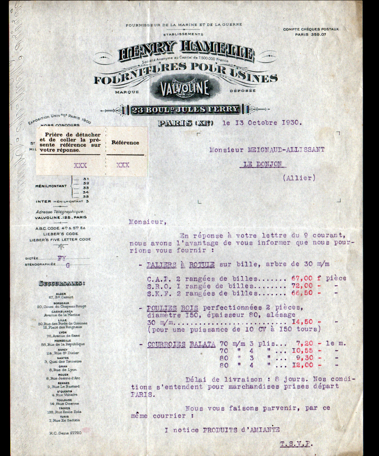 Image 1 - Paris (xi °) supplies for factories/valvoline &amp;#034;henry hamelle&amp;#034; tariffs in 1930