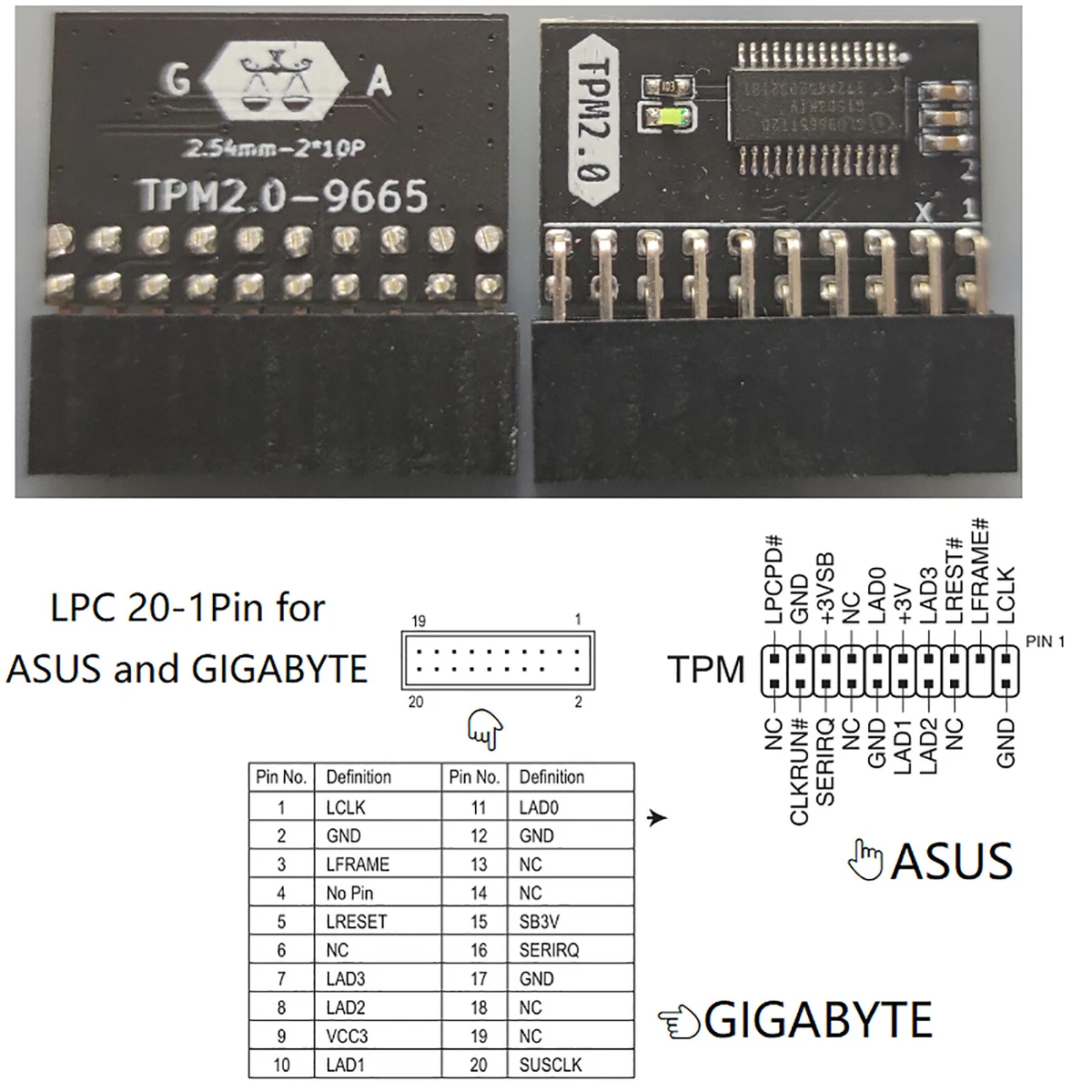 20-1 Pin 2*10P TPM2.0 Module TPM GA 20-1 Pin Security Module for Gigabyte ASUS