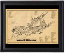 C-130H Hercules War Plane Blueprint Engineering 11x14 black picture frame