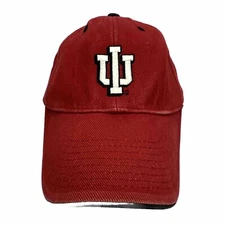 I U Interlocked Letters  White w Black on Red washed out Hat Cap Hoosier on Back