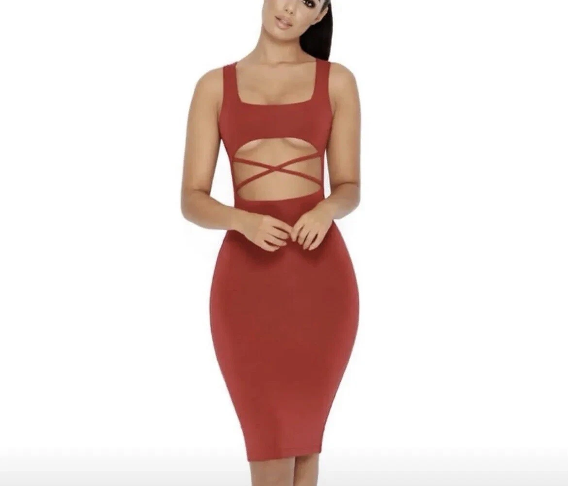 Oh Polly Red Cut Out Bodycon Midi Dress NEW With Tags Size 8