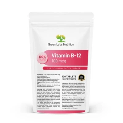 GREEN LABS NUTRITION Vitamina B12 100 mcg Compresse – Integratore ad Alto Dosaggio per Energia