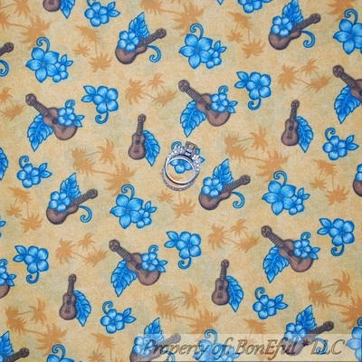 BonEful Fabric FQ Cotton Quilt Yellow Aqua Blue Flower Elvis Guitar Palm Tree US - Image 1 of 4