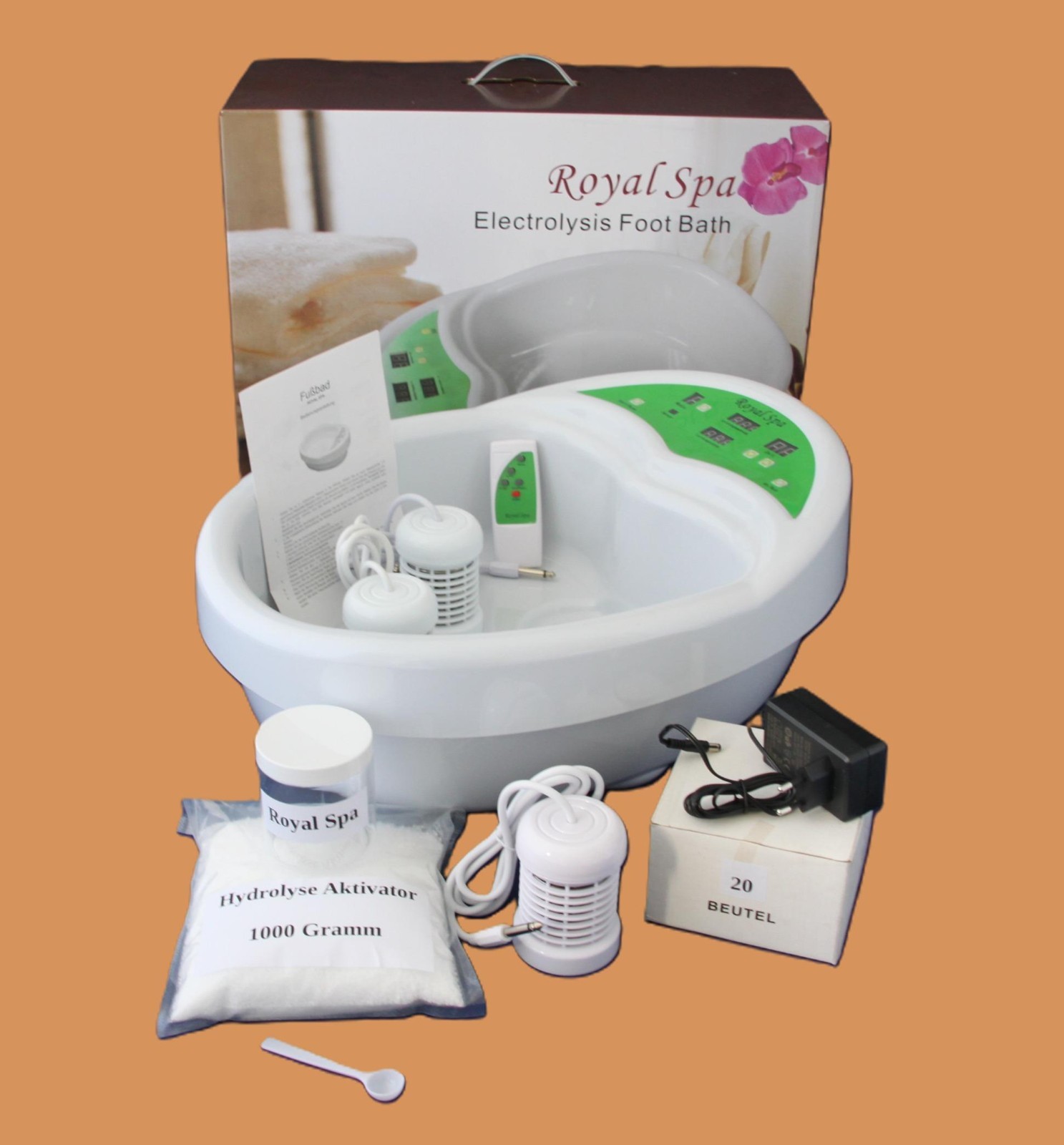 ROYAL SPA Elektrolyse Fußbad Wellness Spa mit 3 Spulen + Beutel + 1kg Salz Dose