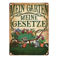 Mein Garten Meine Gesetze Metallschild In 15X20 Cm Mit Blumenwagen