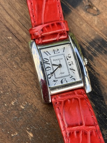 Armitron Now Women’s Rectangular Watch Red Leather Strap Silver Needs Battery