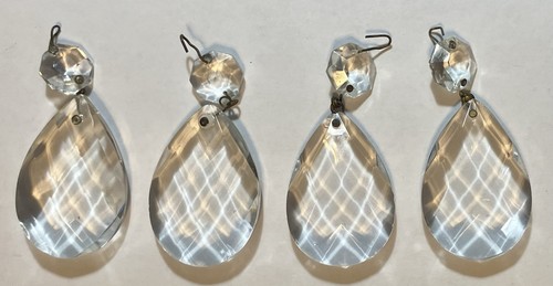 4 Clear, Vintage Teardrop Faceted Lamp Crystals / 2"