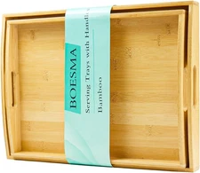 Set of 2 Bamboo Serving Tray with Handles, Decorative Wooden Tray for Breakfast,
