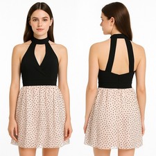 City Studio HOCO Dress Velvet Halter Neck Polka Dot Fit Flare Blush Black Size 3