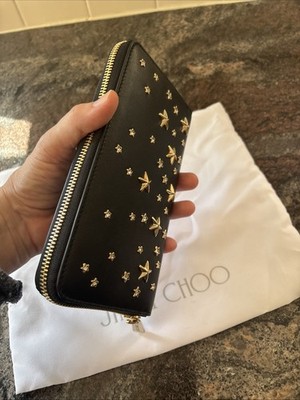 Jimmy Choo Black Wallet Gold Star Studded Zipper NEW With Box Pippa Leather
