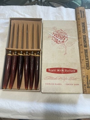 Regent Sheffield England 6 pcs STEAK KNIFE SET Box MCM VTG Bakelite free shippin