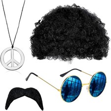 Hippie Kostüm Set, Mode Afro Perücke, Sonnenbrille, Frieden  Halskette, Schna...