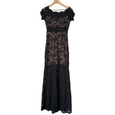 Morgan & Co💃 Black Lace Nude Lined Formal Maxi Dress Size 5/6 Evening Prom Gown